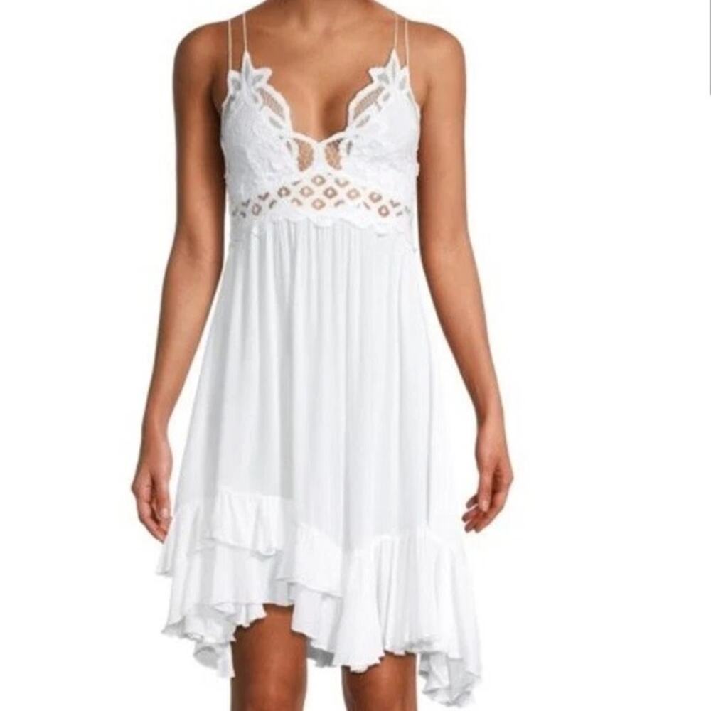 Free People FP One Adella White Lace Bodice Crinkle Ruffle Mini Dress Size M